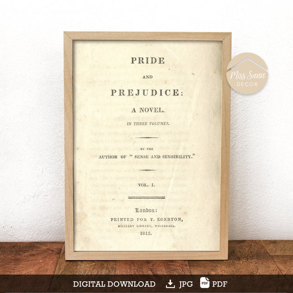 Pride and Prejudice Title Page Jane Austen poster, Jane Austen wall art, Jane Austen lover gift DIGITAL DOWNLOAD