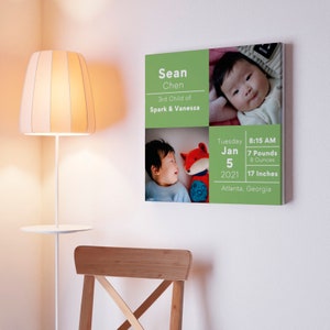 TRENDY WALL ART, Baby Picture Frame Print Art, Newborn Baby Custom Canvas Print Green Living Room Wall Art, Custom Size Canvas Cute Wall Art