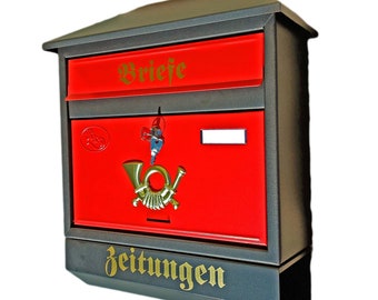 Großer Briefkasten mit Zeitungsrolle und Beschriftung Postkasten Rot/Schwarz Bicolor Wandbriefkasten