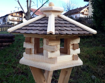 Vogelhaus 6 Eck Blockhaus Vogelfutterhaus Vogelhäuser massives Holz Vogelhäuschen Dach Dunkelbraun Massivholz