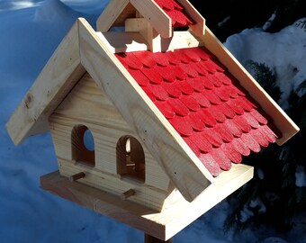 XL Vogelhaus Putzklappe Vogelfutterhaus Vogelhäuser massives Holz Vogelhäuschen Dach Rot Massivholz