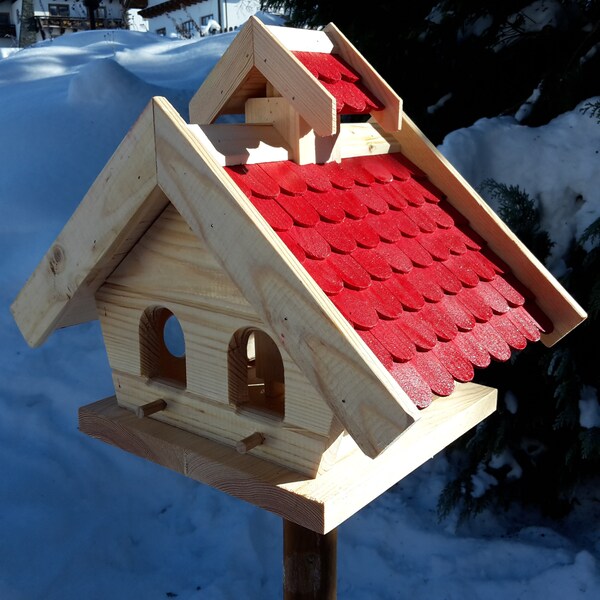 XL Vogelhaus Putzklappe Vogelfutterhaus Vogelhäuser massives Holz Vogelhäuschen Dach Rot Massivholz