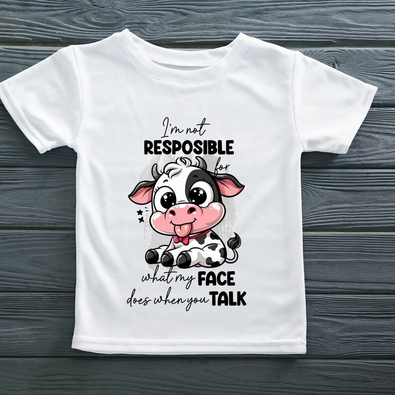 May include: White t-shirt with a cartoon cow and the text "I'm not responsible for what my face does when you talk."