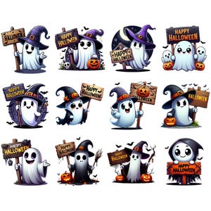 K&ouml;nnte beinhalten: Ein Set mit 12 digitalen Clipart-Bildern zum Thema Halloween mit niedlichen Geistern in verschiedenen Posen mit verschiedenen Halloween-Schildern und Dekorationen. Die Geister sind wei&szlig; mit schwarzen Augen und M&uuml;ndern und tragen Hexenh&uuml;te, einige mit K&uuml;rbissen und Flederm&auml;usen.
