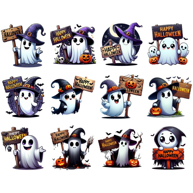 K&ouml;nnte beinhalten: Ein Set mit 12 digitalen Clipart-Bildern zum Thema Halloween mit niedlichen Geistern in verschiedenen Posen mit verschiedenen Halloween-Schildern und Dekorationen. Die Geister sind wei&szlig; mit schwarzen Augen und M&uuml;ndern und tragen Hexenh&uuml;te, einige mit K&uuml;rbissen und Flederm&auml;usen.