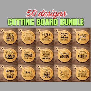 May include: A set of 50 designs for cutting boards featuring various kitchen-themed sayings and phrases. The designs are printed on round wooden cutting boards with a handle.