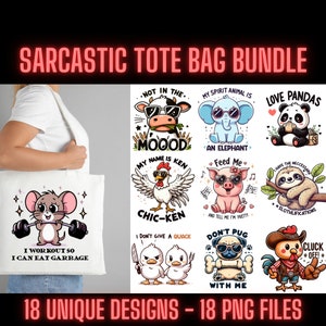 Grappige sarcastische draagtas png-bundel, 18 unieke ontwerpen, 18 png-bestanden, perfect voor sublimatiebedrukking van draagtas
