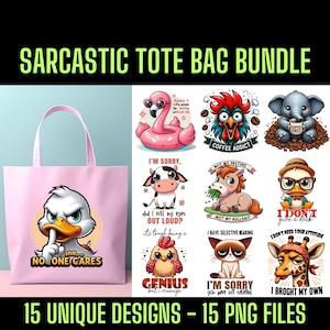 Grappige sarcastische draagtas png-bundel, 15 unieke ontwerpen, 15 png-bestanden, perfect voor sublimatiebedrukking van draagtas