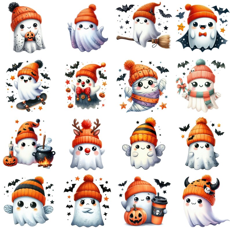 May include: A set of 16 digital clipart images featuring cute cartoon ghosts wearing various Halloween costumes. The ghosts are in various poses and expressions, including smiling, winking, and holding candy.
