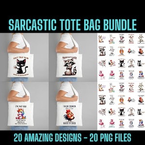 Grappige sarcastische draagtas png-bundel, 20 unieke ontwerpen, 20 png-bestanden, perfect voor sublimatiebedrukking van draagtas