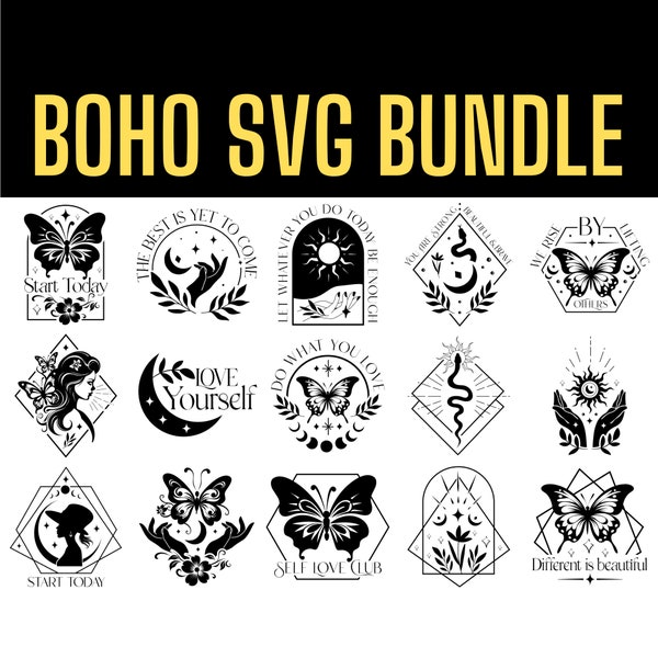 Boho Svg Bundle, Floral Moon Svg, Floral Butterfly Svg, 20 Designs, Svg Png Eps Dxf Files, For Cricut Silhouette Glowforge and More