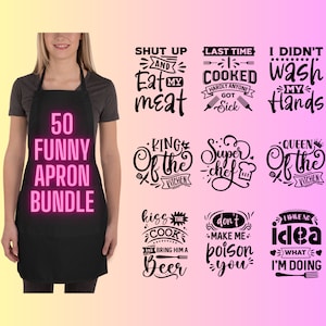 Pode incluir: Um conjunto de 50 designs de avental engraçados com vários ditos com tema de cozinha. Os designs incluem frases como "Cala-te e come a minha carne", "Rei da cozinha", "Super chef", "Rainha da cozinha", "Beije o cozinheiro e traga-lhe uma cerveja", "Não me faça envenenar-te", e "Não tenho ideia do que estou a fazer".