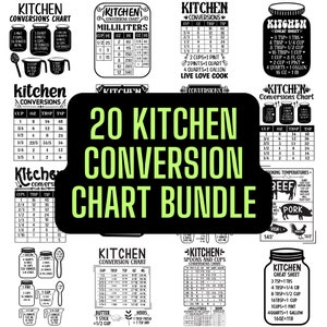 Op de afbeelding: Een set van 20 zwart-witte printbare keukenconversiediagrammen. De diagrammen bevatten metingen voor kopjes, ounces, eetlepels, theelepels, milliliters en meer. De diagrammen zijn perfect voor bakkers, koks en iedereen die metingen in de keuken moet omrekenen.