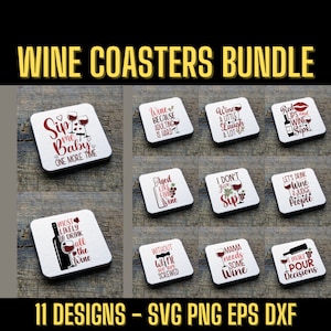 Ensemble Svg drôle de sous-verre de vin, 11 modèles uniques, fichiers pour Cricut, Silhouette, Glowforge et bien plus encore
