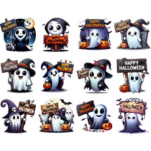 K&ouml;nnte beinhalten: Ein Set mit 12 digitalen Clipart-Bildern mit niedlichen Cartoon-Geistern in verschiedenen Posen, die Schilder mit dem Text "Happy Halloween" halten. Die Geister tragen H&uuml;te und halten K&uuml;rbisse.
