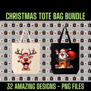 Bundle de sac fourre-tout Noël Père Noël, 32 modèles uniques, 32 fichiers PNG, parfait pour l'impression par sublimation de sac fourre-tout