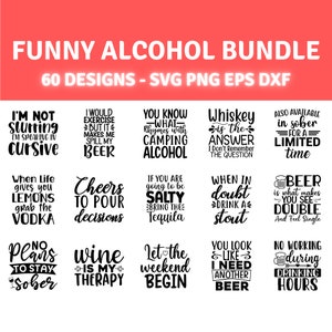 Pacchetto Svg con detti divertenti sull'alcol, 60 disegni, file per Cricut, Silhouette, Glowforge e altro ancora