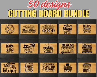 Snijplank SVG-bundel, 50 unieke ontwerpen, bestanden voor Cricut, silhouet, Glowforge en meer