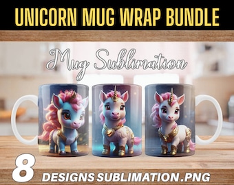 Unicorn Mug Wrap PNG Bundle: 8 Sublimation Designs (Digital Download)