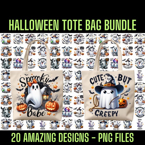 Halloween Ghost Tote Bag PNG Bundle: 20 Spooky Designs (Digital Download)