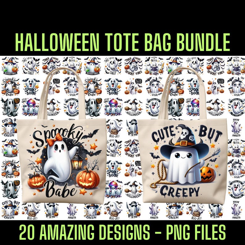 May include: A set of 20 Halloween tote bag designs featuring cute ghost illustrations with different sayings. The designs include "Spooky Babe", "Cute But Creepy", and "Boo-Jee!" The designs are in PNG format.