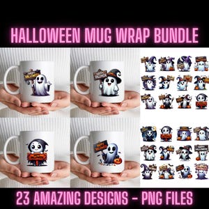 K&ouml;nnte beinhalten: Ein Set mit 23 Halloween-Tassen&uuml;berz&uuml;gen mit niedlichen Geisterillustrationen in verschiedenen Posen und Spr&uuml;chen. Die Designs beinhalten "Happy Halloween", "Boo" und "S&uuml;&szlig;es oder Saures".