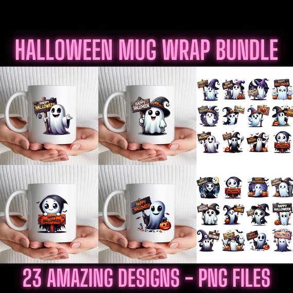 Halloween Ghost Mug Wrap PNG Bundle: Sublimation Designs (23 Files)