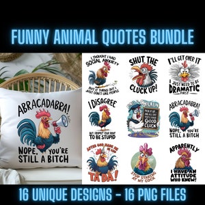 Pacchetto Png con citazioni di animali divertenti e sarcastici, 16 disegni unici, 16 file PNG, perfetti per la stampa a sublimazione