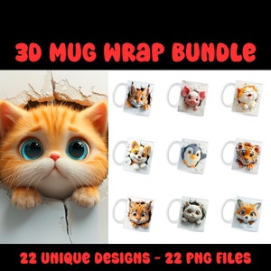 3D-Effekt Cartoon Mug Wrap Png-Bundle, 22 einzigartige Designs, 22 PNG-Dateien, perfekt für den Sublimationsdruck von Tassen