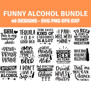 Pacchetto Svg con detti divertenti sull'alcol, 40 disegni, file per Cricut, Silhouette, Glowforge e altro