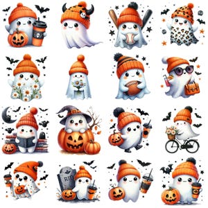 May include: A set of 16 Halloween-themed digital clipart images featuring cute ghosts in various poses and outfits. The ghosts are wearing hats, holding objects, and some are even wearing sunglasses. The images are perfect for use in digital scrapbooking, card making, and other creative projects.