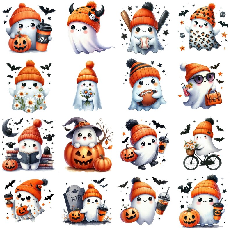 May include: A set of 16 Halloween-themed digital clipart images featuring cute ghosts in various poses and outfits. The ghosts are wearing hats, holding objects, and some are even wearing sunglasses. The images are perfect for use in digital scrapbooking, card making, and other creative projects.