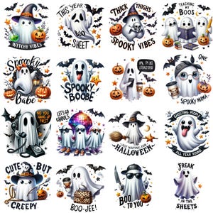 May include: A set of 16 digital clipart images featuring cute cartoon ghosts in various poses and with different Halloween-themed sayings. The ghosts are white with black eyes and mouths, and some are wearing hats, sunglasses, or other accessories. The sayings include "Spooky Babe", "Boo-Jee!" and "This Year is Boo Sheet".