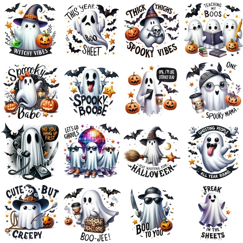 May include: A set of 16 digital clipart images featuring cute cartoon ghosts in various poses and with different Halloween-themed sayings. The ghosts are white with black eyes and mouths, and some are wearing hats, sunglasses, or other accessories. The sayings include "Spooky Babe", "Boo-Jee!" and "This Year is Boo Sheet".