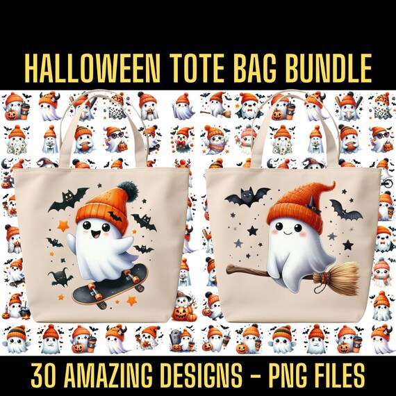 Halloween Ghost Tote Bag PNG Bundle: 30 Sublimation Designs (Digital Download)