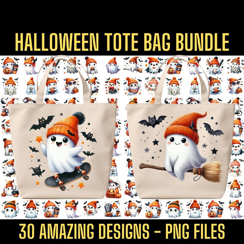 May include: A set of 30 Halloween tote bag designs featuring cute ghost illustrations. The ghosts are wearing hats and riding skateboards or brooms. The designs are in PNG format.