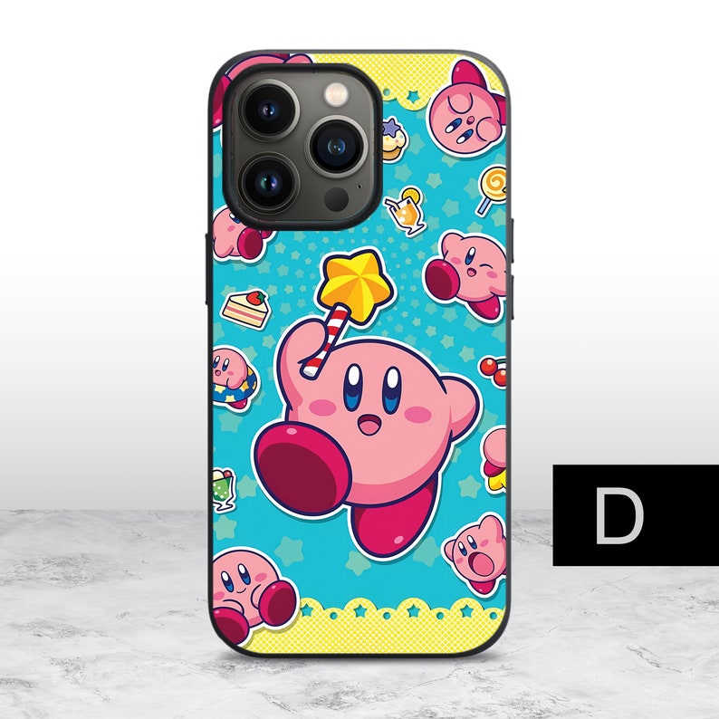 May include: A pink and blue iPhone case with a cartoon character holding a star-shaped lollipop. The case features a repeating pattern of stars, hearts, and other cartoon characters.