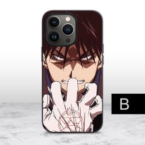 May include: Black iPhone case with a close-up image of an anime character with dark hair and red eyes. The character is making a fist with a red symbol on their hand.