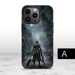 May include: A black iPhone case with a dark gothic scene featuring a figure in a long coat holding a weapon, standing in front of a tall building with a clock tower. The background is a dark, ominous cityscape.