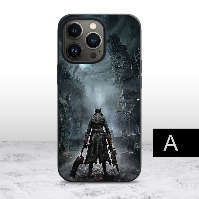 May include: A black iPhone case with a dark gothic scene featuring a figure in a long coat holding a weapon, standing in front of a tall building with a clock tower. The background is a dark, ominous cityscape.