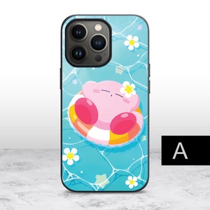 May include: A pink and white cartoon character floats on a yellow and white life preserver in a blue pool with white flowers. The character has closed eyes and a small smile. The phone case is black with a camera lens cutout.