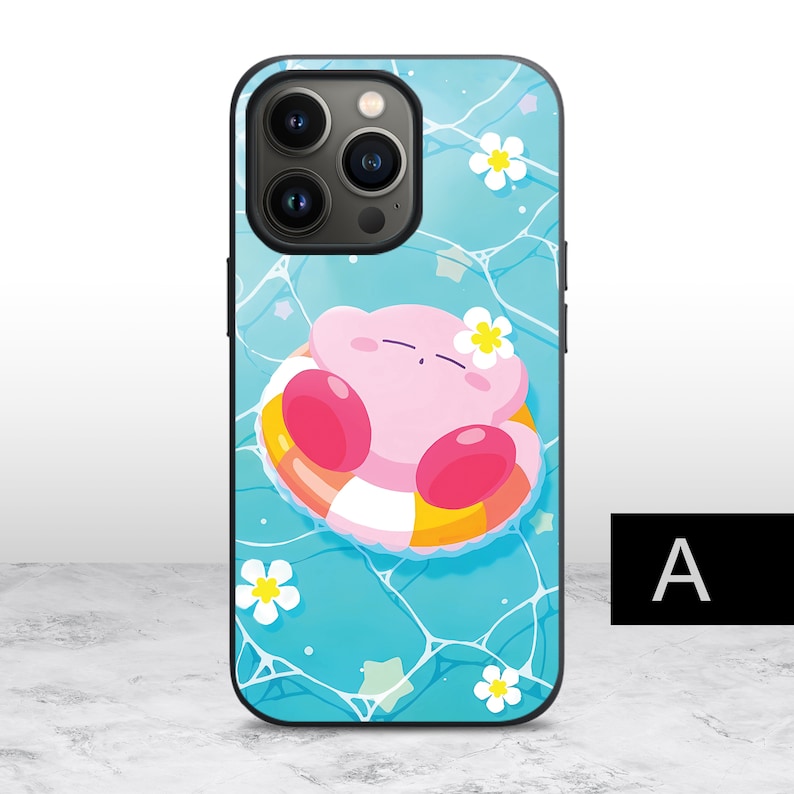 May include: A pink and white cartoon character floats on a yellow and white life preserver in a blue pool with white flowers. The character has closed eyes and a small smile. The phone case is black with a camera lens cutout.