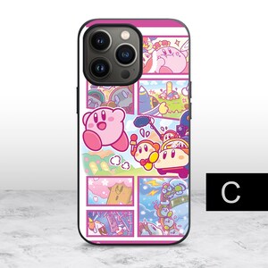 May include: A pink, white, and blue phone case with a cartoon character design. The case features a pink character with a large smile and a blue character with a crown. The case also has a variety of other cartoon characters in the background.