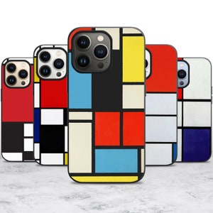 Könnte beinhalten: Fünf verschiedene iPhone-Hüllen mit einem geometrischen Design, inspiriert von der Kunst von Piet Mondrian. Die Hüllen zeigen eine Kombination aus schwarzen, weißen, roten, gelben und blauen Quadraten.