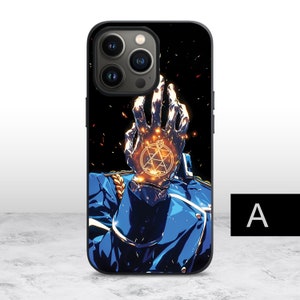 May include: Black phone case with a detailed illustration of a character from the anime Fullmetal Alchemist. The character's hand is raised with a glowing symbol on the palm. The background is black with a starry pattern.