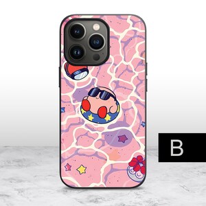 May include: A pink and white phone case with a cartoon character wearing sunglasses and a life preserver. The character is floating in a pool of water with stars and other designs.
