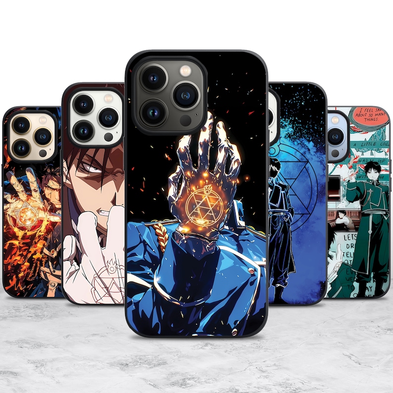 May include: Four different phone cases featuring anime characters from the Fullmetal Alchemist series. The cases are black with a variety of designs, including a character with a glowing hand, a character with a sword, and a character with a symbol on their chest.