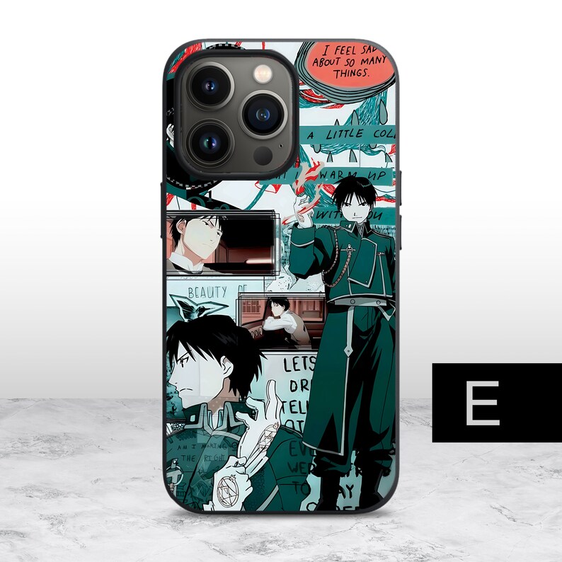 May include: A phone case with a collage of anime characters and text. The text includes "I feel sad about so many things." and "A little cold, warm up with you".