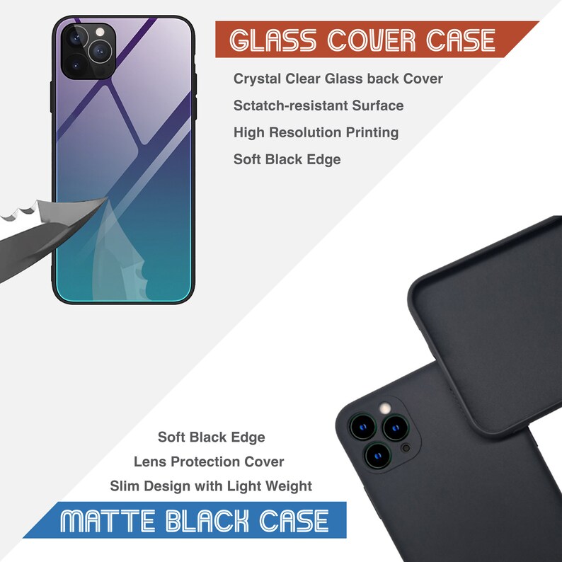 K&ouml;nnte beinhalten: Zwei Handyh&uuml;llen, eine transparente Glash&uuml;lle mit schwarzem Rand und eine schwarze matte H&uuml;lle mit einer Kameraobjektivabdeckung. Der Text "GLASS COVER CASE" und "MATTE BLACK CASE" ist auf dem Bild gedruckt.