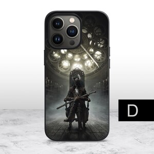 May include: A black phone case with a design of a figure in a hooded cloak sitting on a throne in a dark, gothic setting. The figure is holding a sword and the background features a large, ornate clock face.